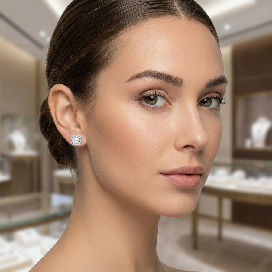 Pearl Square Halo Stud Earrings – pearl earrings, front view