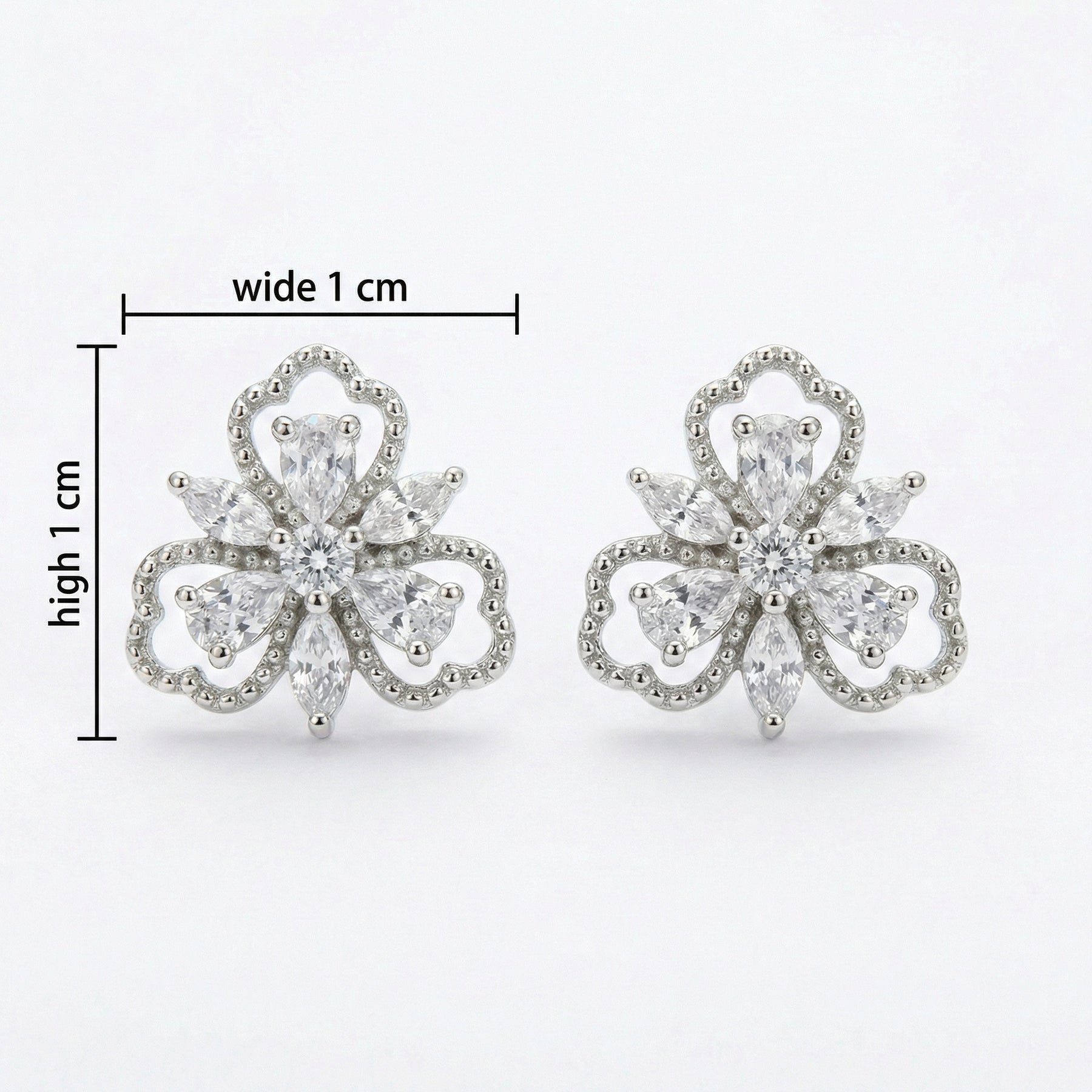 Floral Trefoil Marquise Stud Earrings – sterling silver earrings, side detail