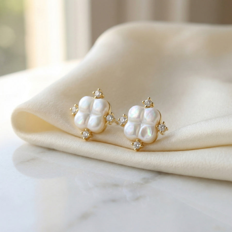 Iridescent Quatrefoil Pearl Studs – pearl earrings, front view