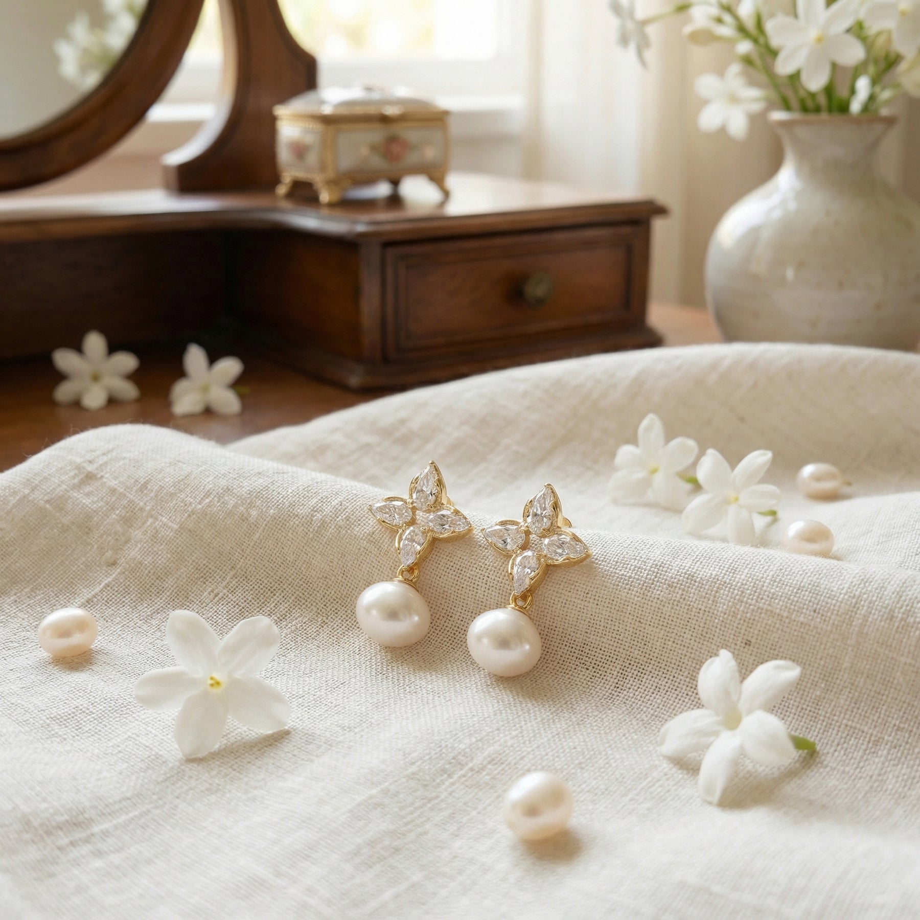 Marquise Floral Pearl Drop Earrings – pearl earrings