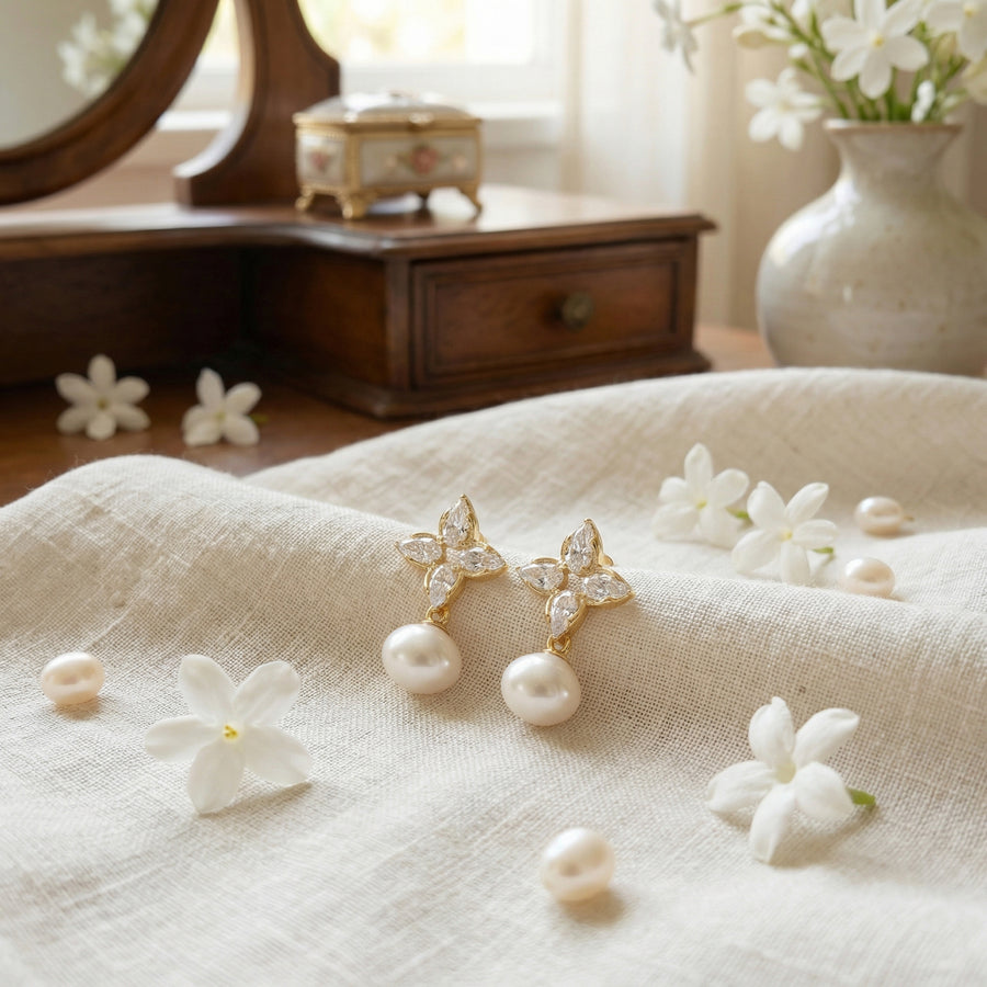Marquise Floral Pearl Drop Earrings – pearl earrings