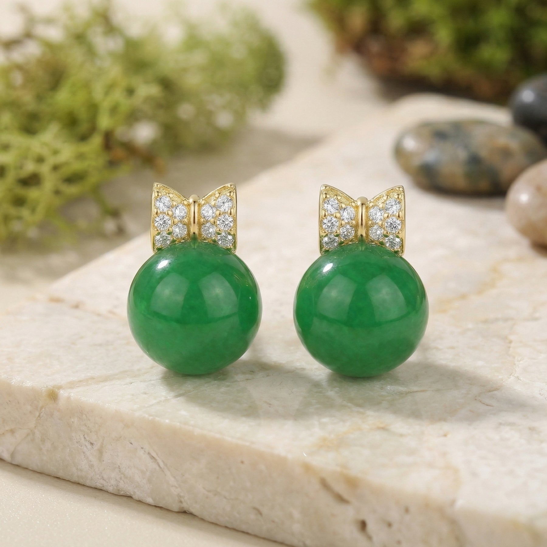 Jadeite Sphere Bow Stud Earrings – jade earrings, front view