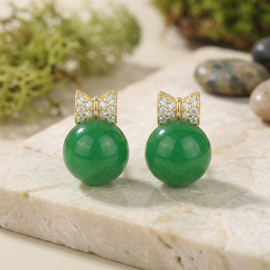 Jadeite Sphere Bow Stud Earrings – jade earrings, front view