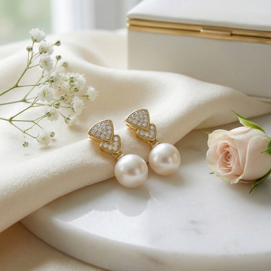 Fan-Shaped Pearl Drop Earrings – pearl earrings, front view