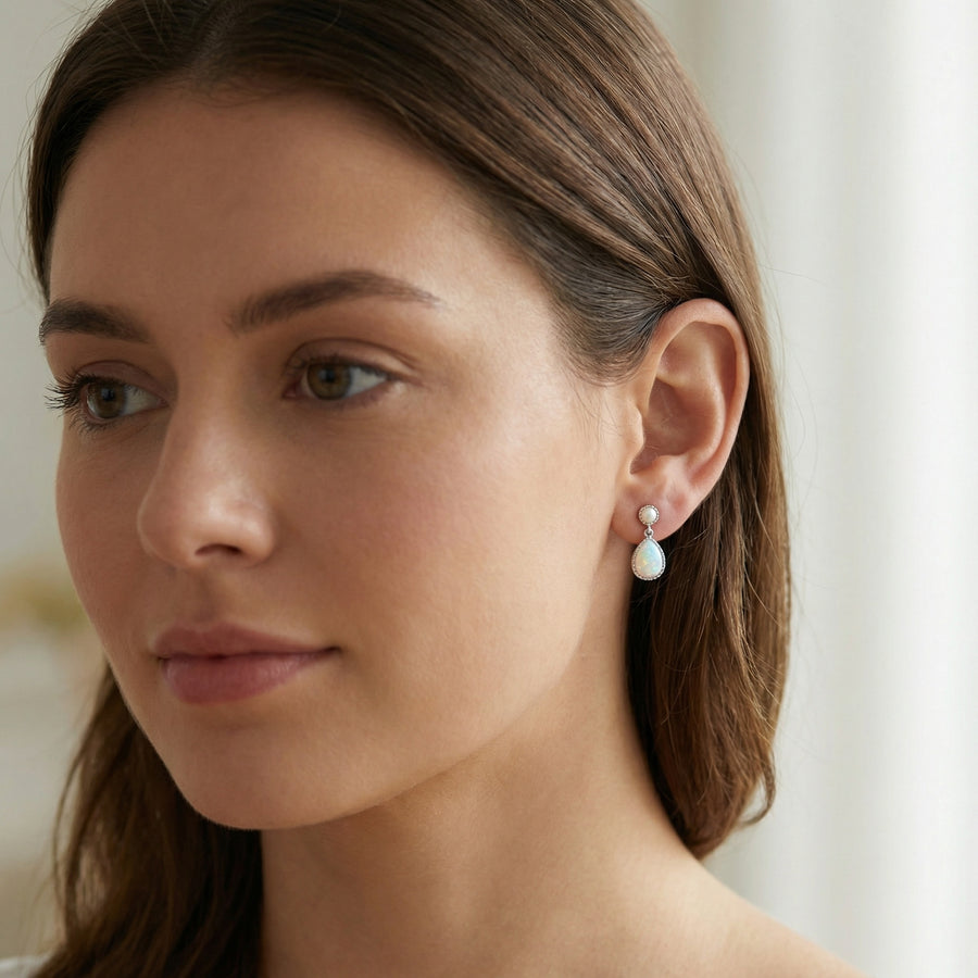 Opal and Pearl Teardrop Drop Earrings – pearl earrings, front view