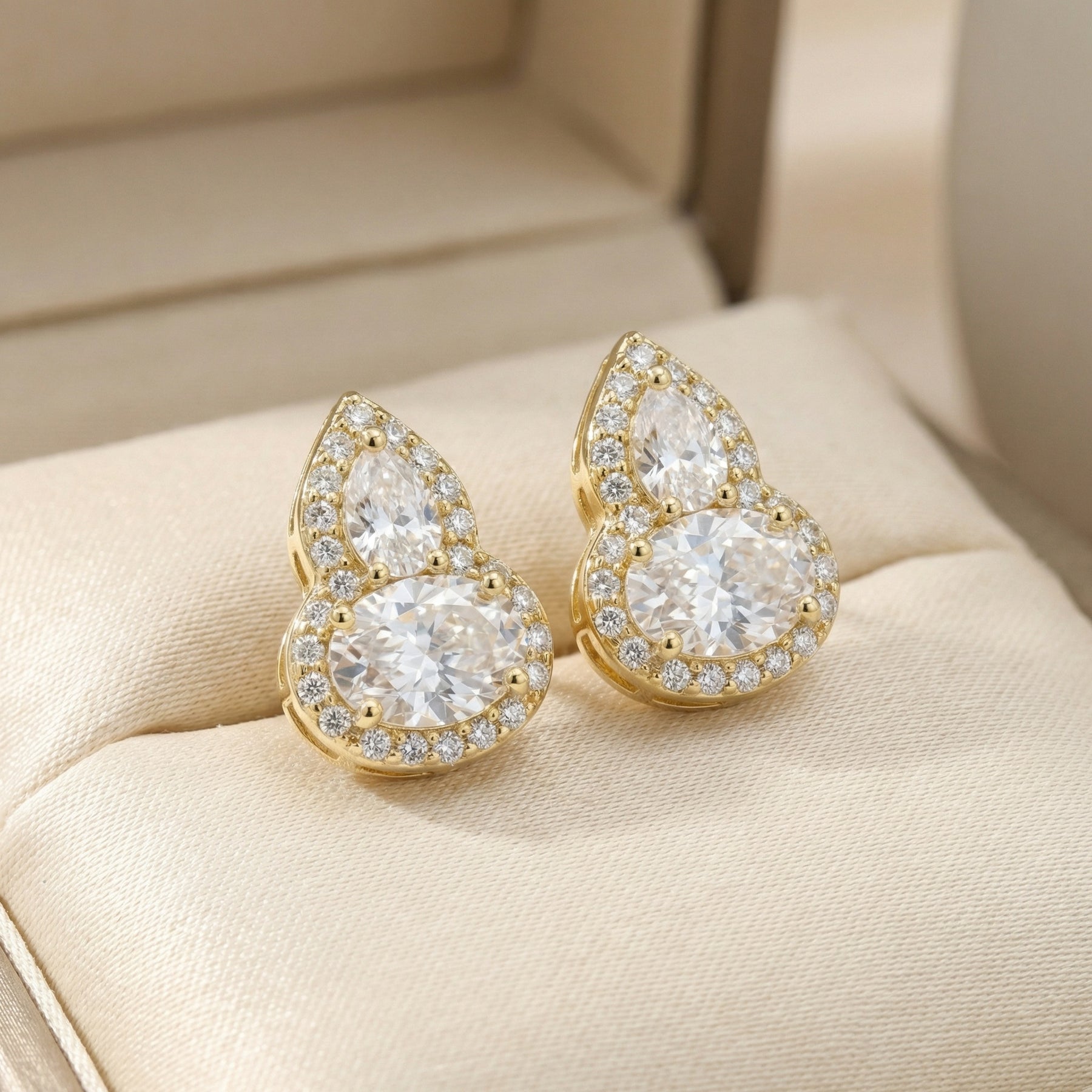 Pear and Oval Sparkling stone Halo Studs – sparkling stone earrings, front view