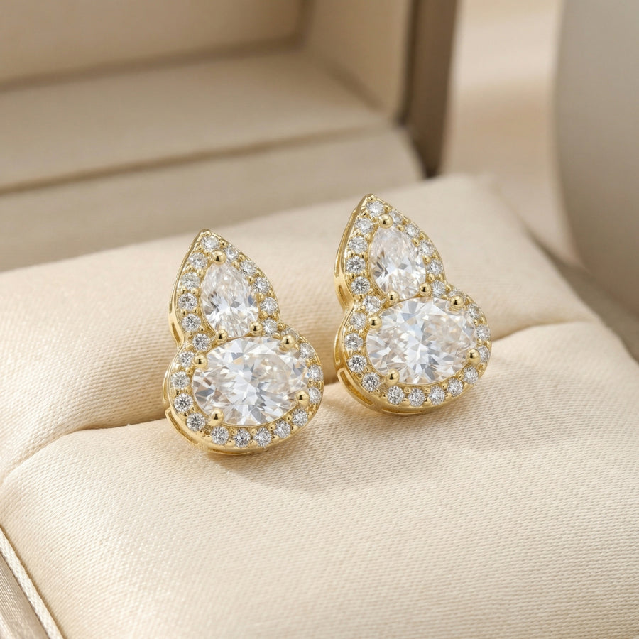 Pear and Oval Sparkling stone Halo Studs – sparkling stone earrings, front view
