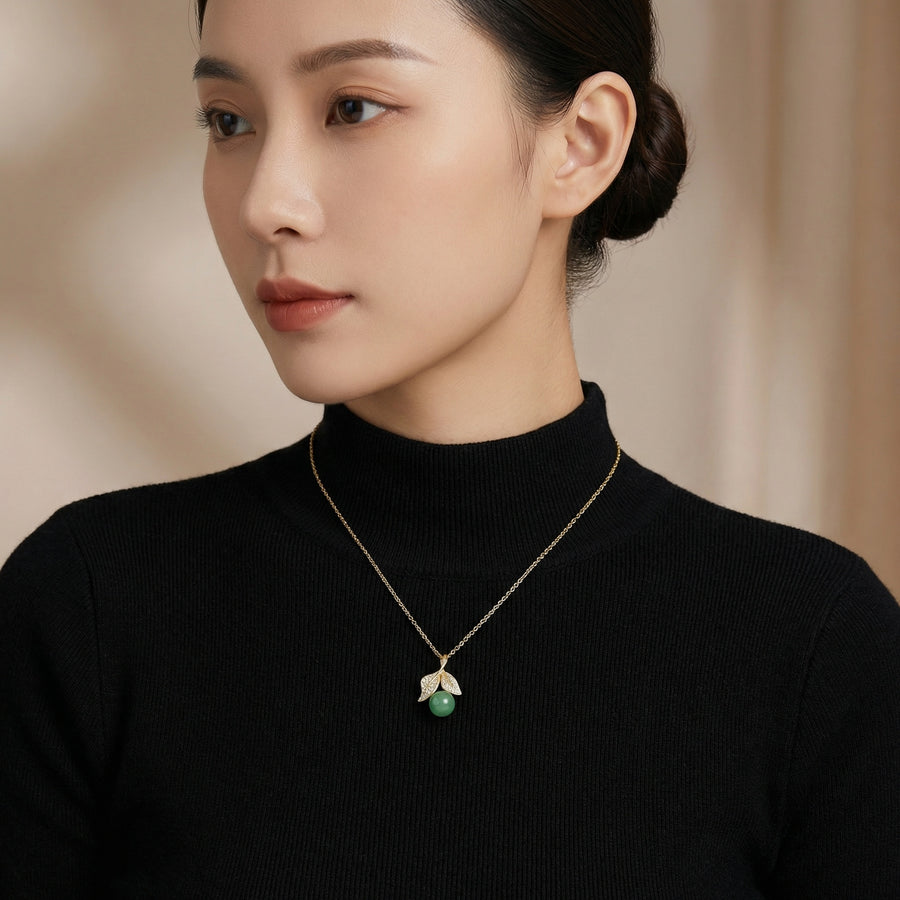 Green Jade Leaf Pendant, Round Cut – jade necklace, side detail