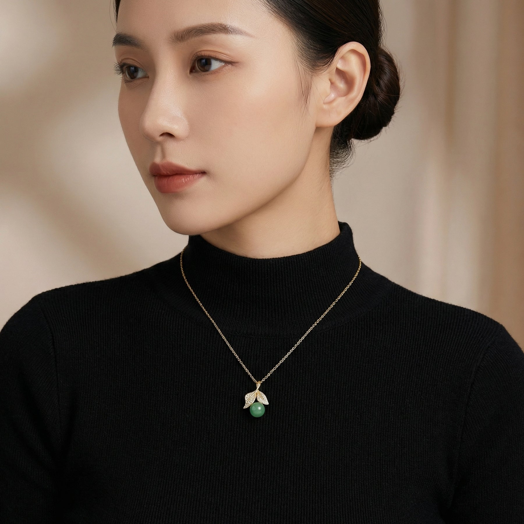 Green Jade Leaf Pendant, Round Cut – jade necklace, side detail
