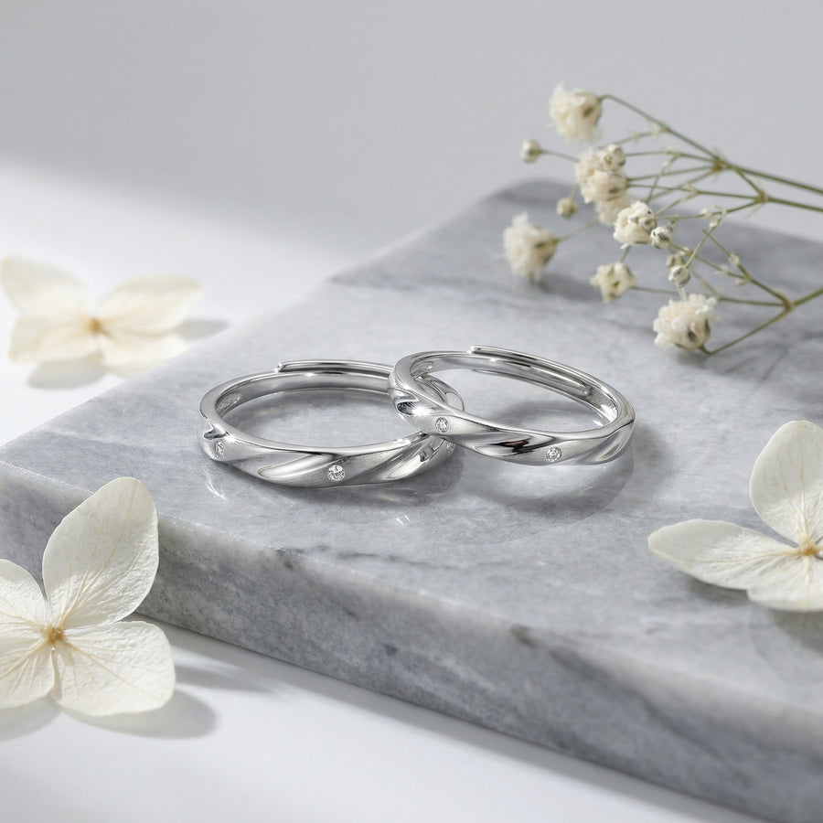 Twisted Couple Rings with CZ Accents – zircon ring, side detail