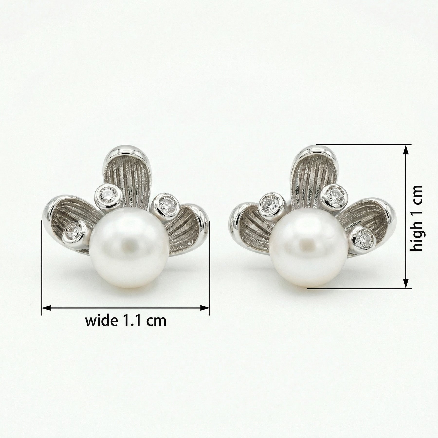 Pearl Studs with Textured Petals – pearl earrings, close-up