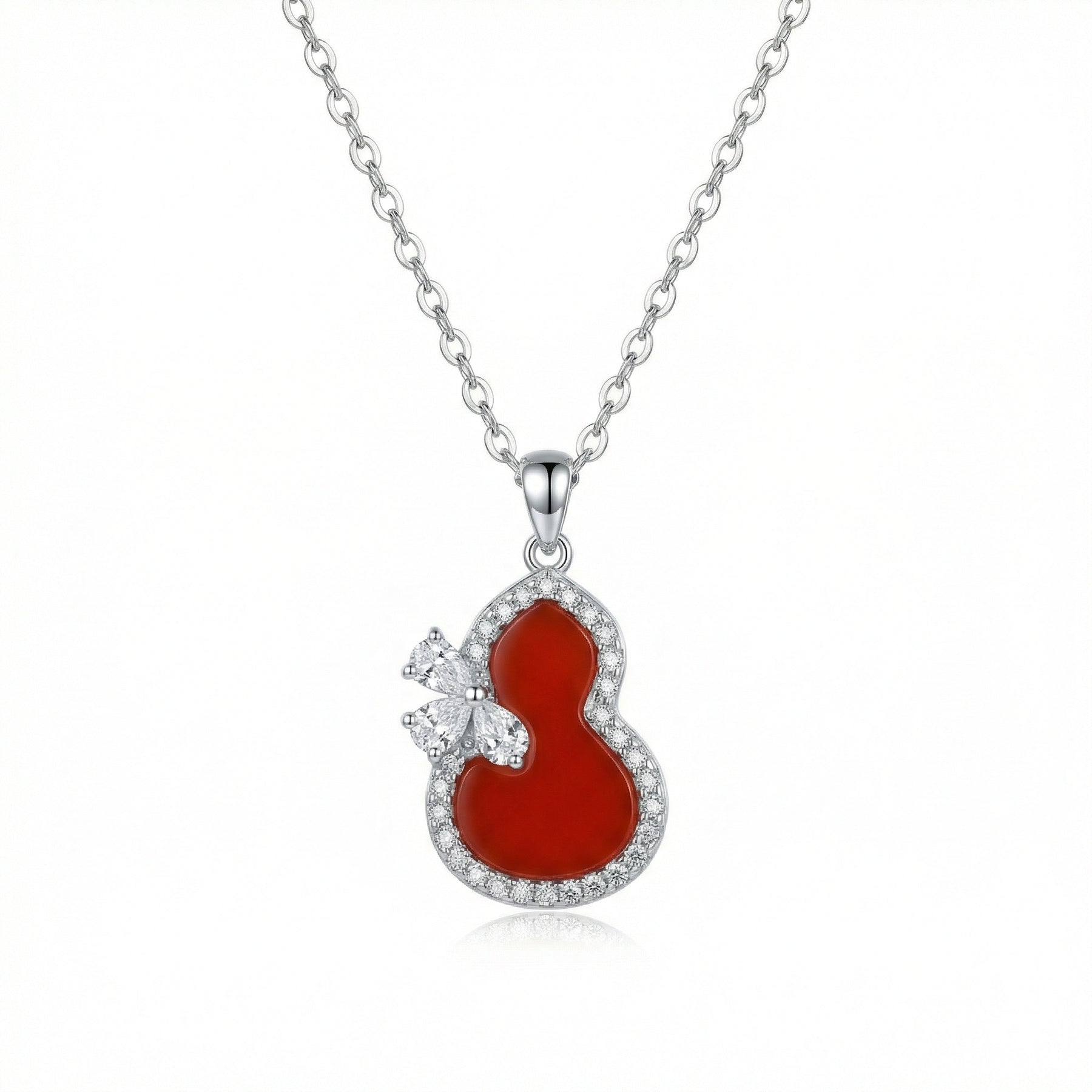 Red Gourd Butterfly Pendant Necklace – sterling silver necklace, side detail