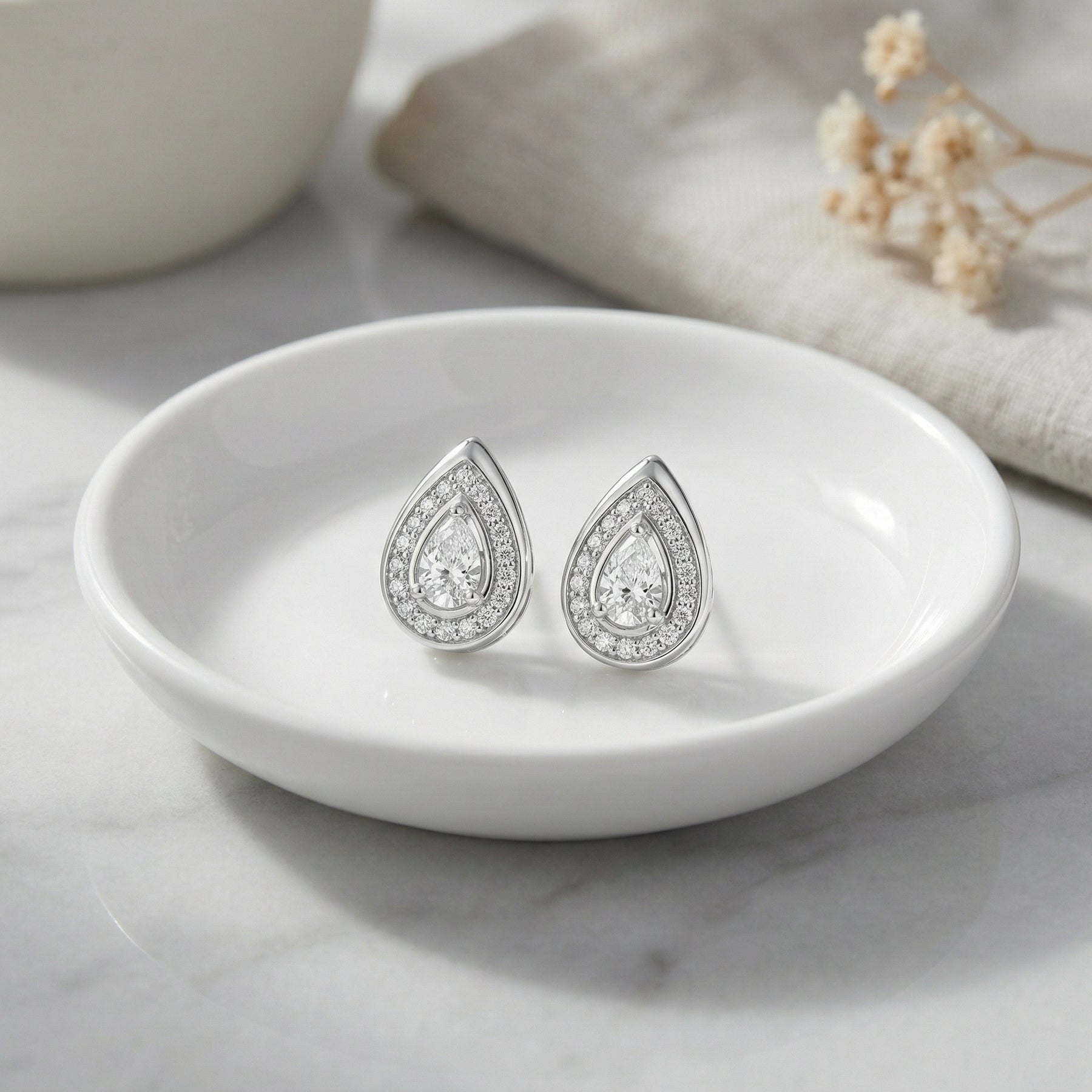 Pear-Cut Halo Teardrop Studs – sterling silver earrings