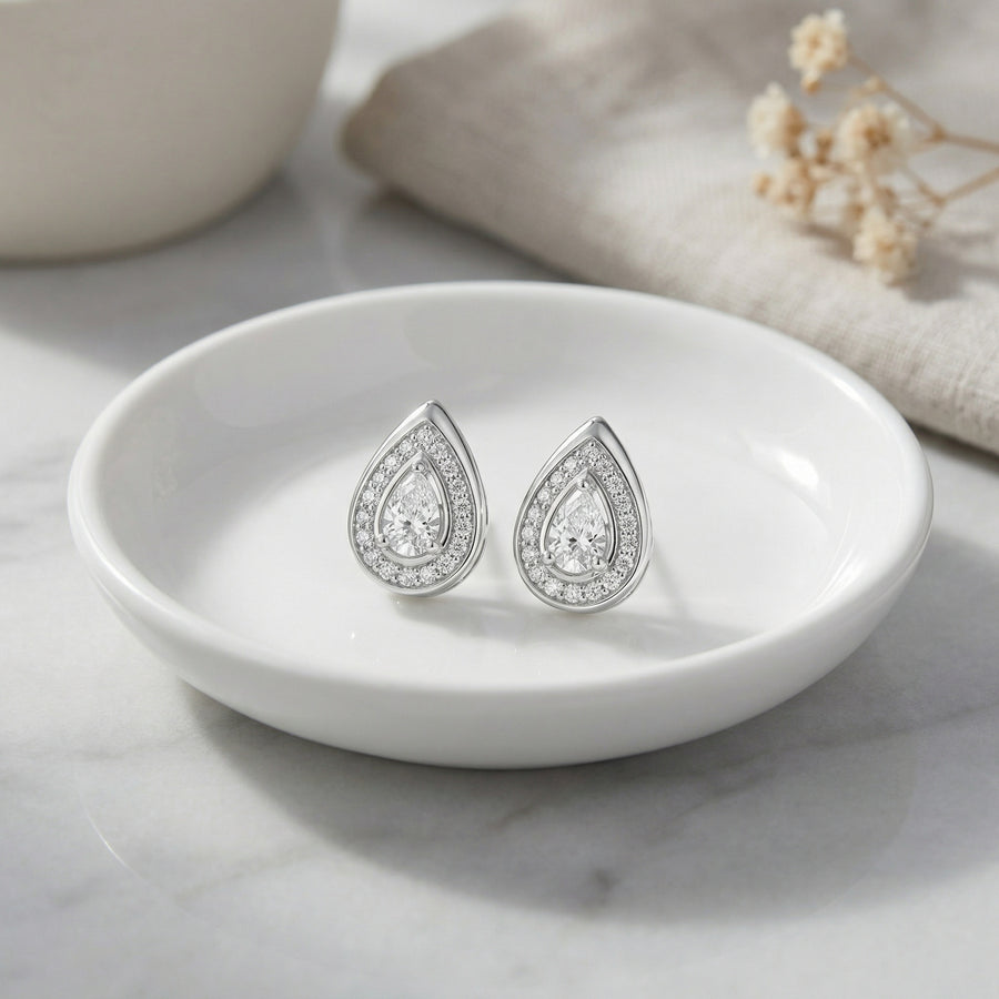 Pear-Cut Halo Teardrop Studs – sterling silver earrings