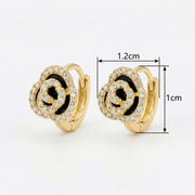 Black Enamel Rose Huggie Hoop Earrings – sterling silver earrings, close-up