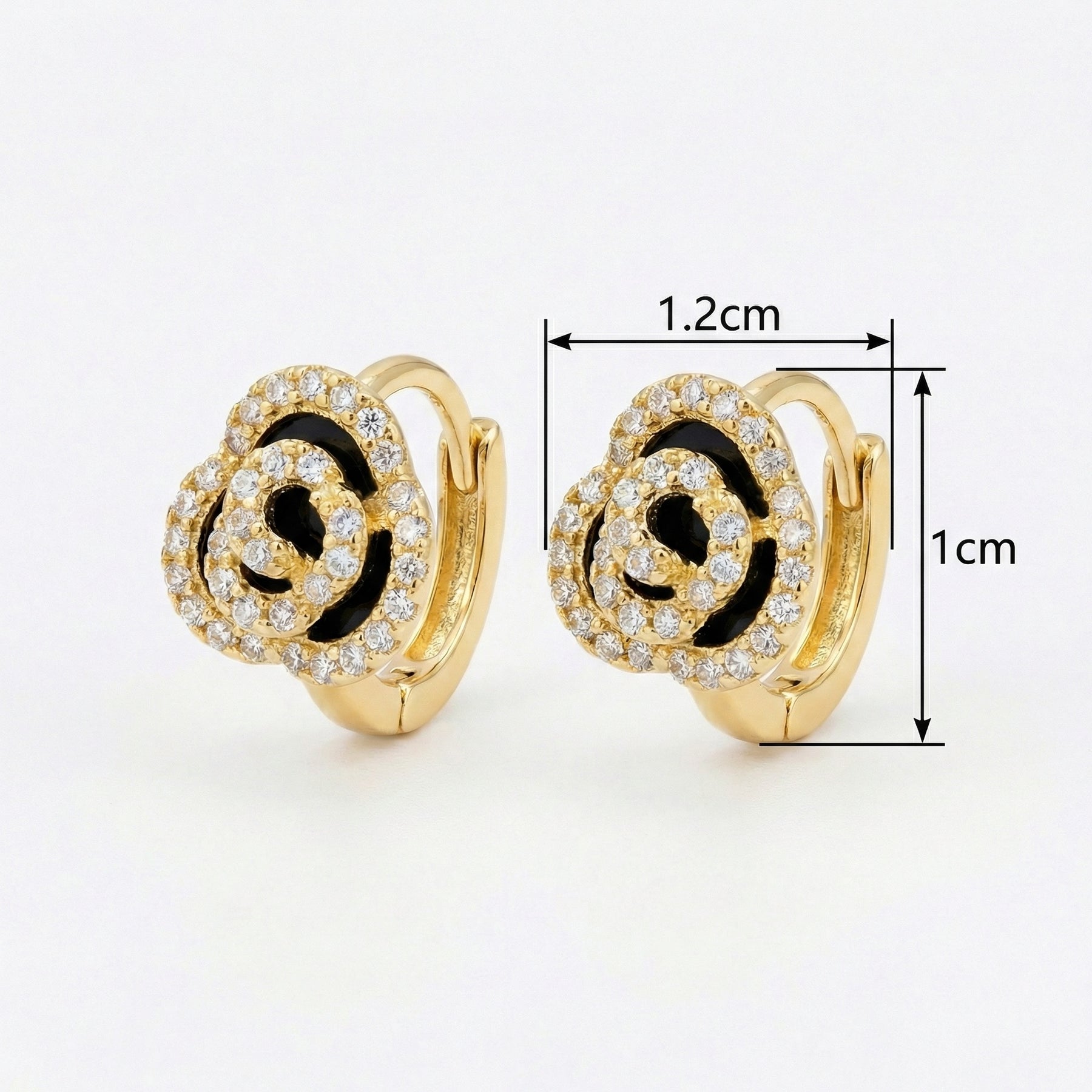 Black Enamel Rose Huggie Hoop Earrings – sterling silver earrings, close-up