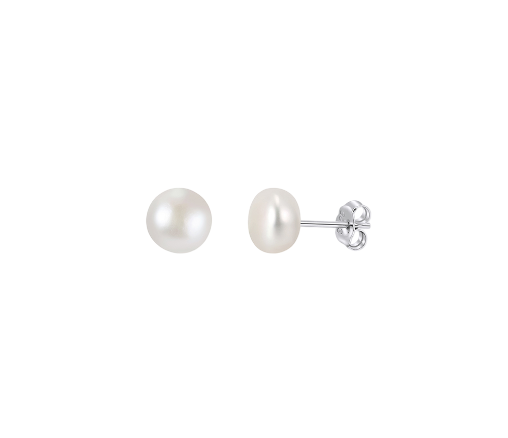White Pearl Studs with Sterling Posts – pearl earrings, front view