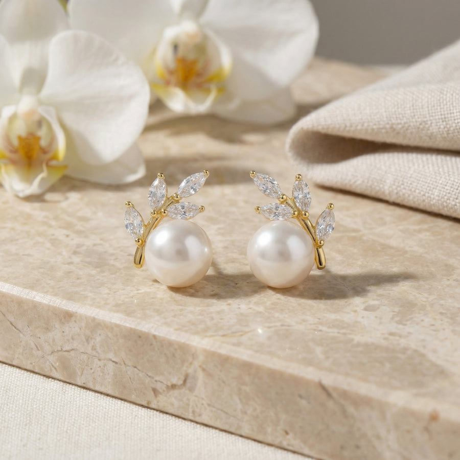 Marquise Leaf and Pearl Stud Earrings – pearl earrings, front view