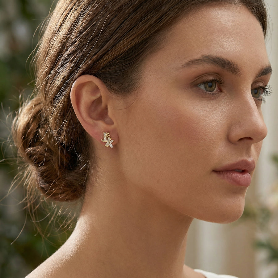 Bamboo and Leaf Gemstone Studs – sterling silver earrings