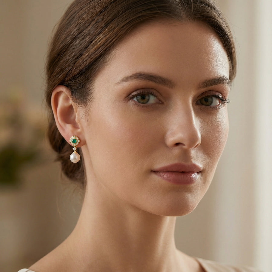 Green stone and Pearl Drop Earrings – pearl earrings, close-up
