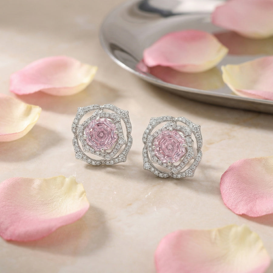 Pink Hexagon Rose Stud Earrings – sterling silver earrings, side detail
