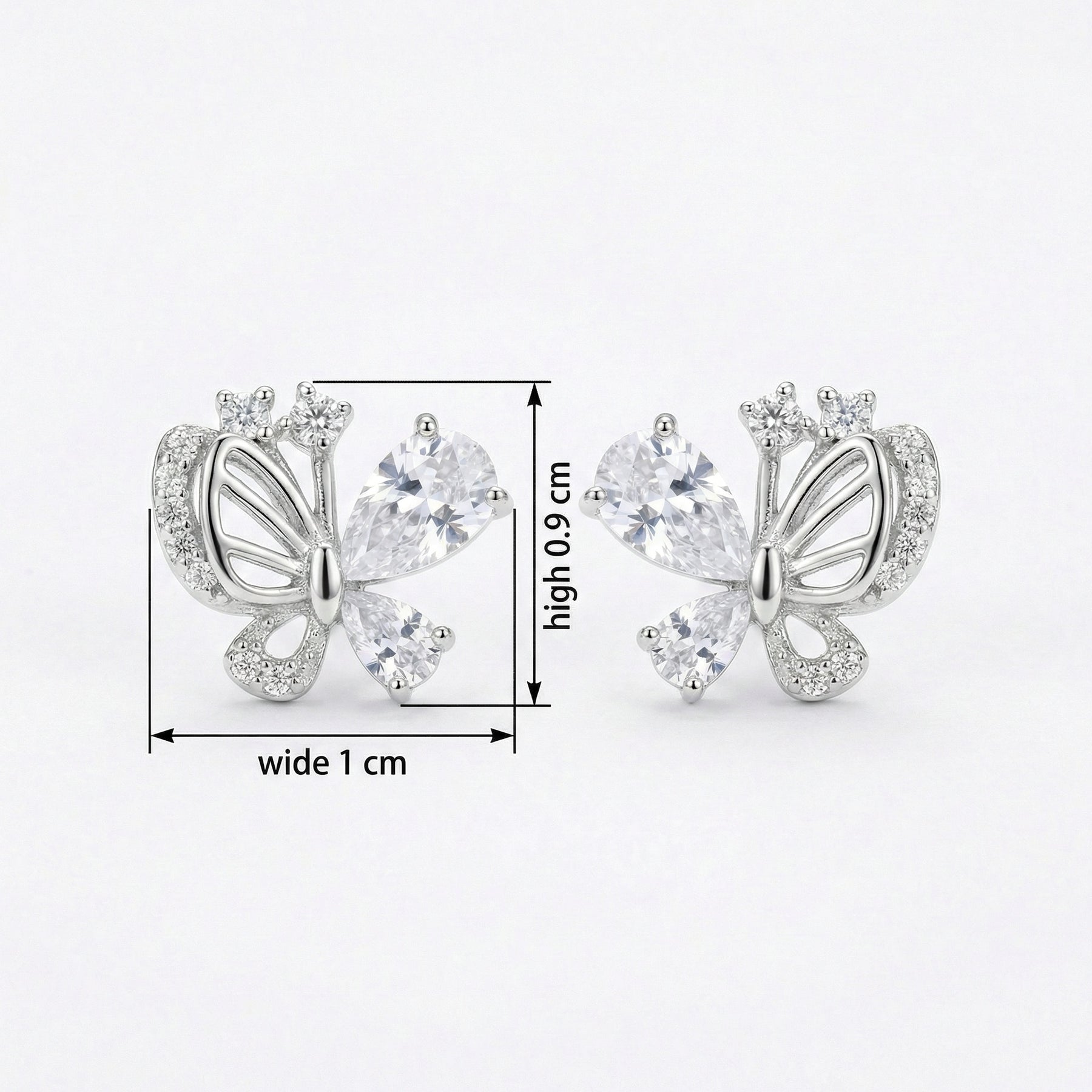 Silver Butterfly Studs with Pear CZ – sterling silver earrings, close-up