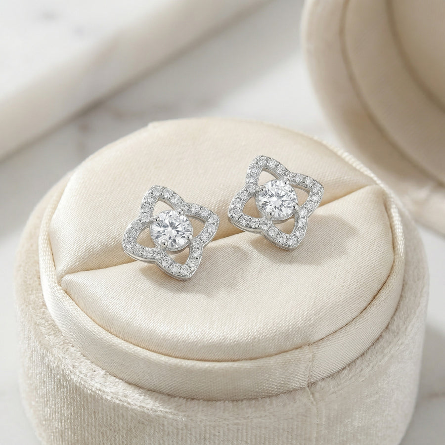 Quatrefoil Halo Stud Earrings – sterling silver earrings, close-up
