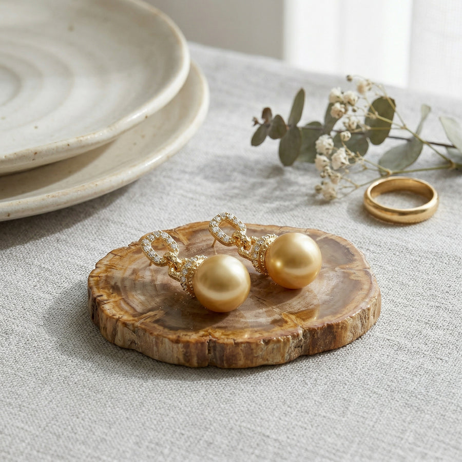 South Sea Pearl Drops, Textured Links – pearl earrings, side detail