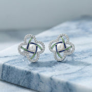 Pearl Quatrefoil Studs, Navy Accents – pearl earrings, front view