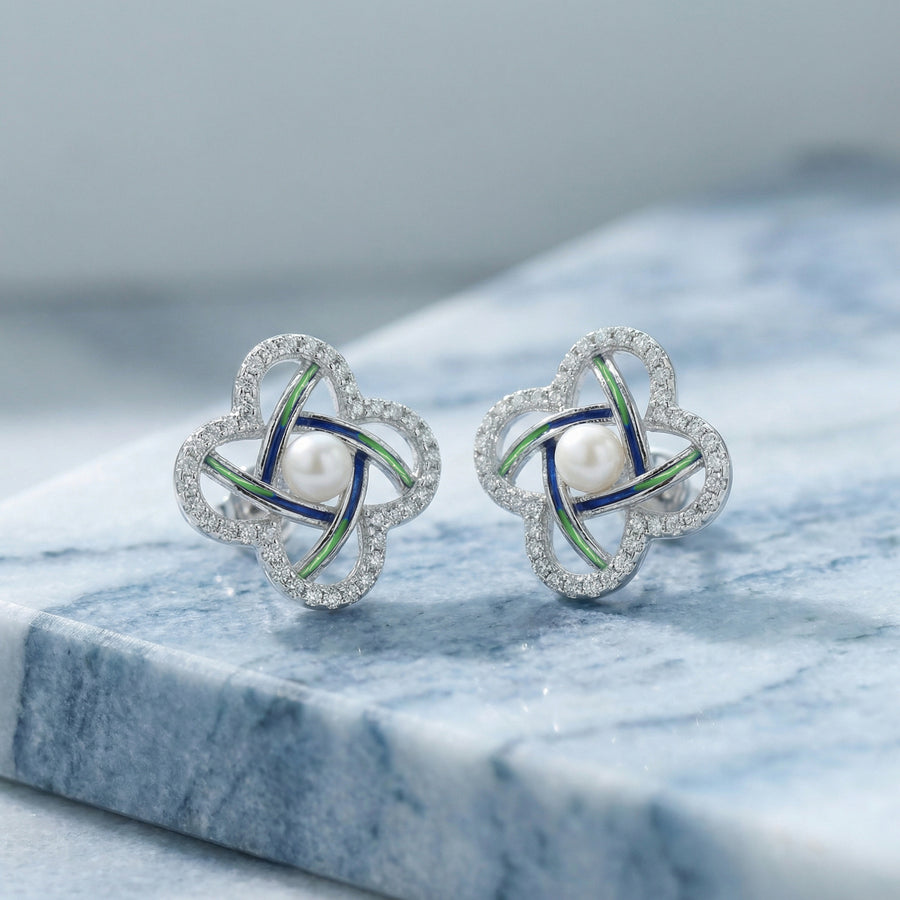Pearl Quatrefoil Studs, Navy Accents – pearl earrings, front view