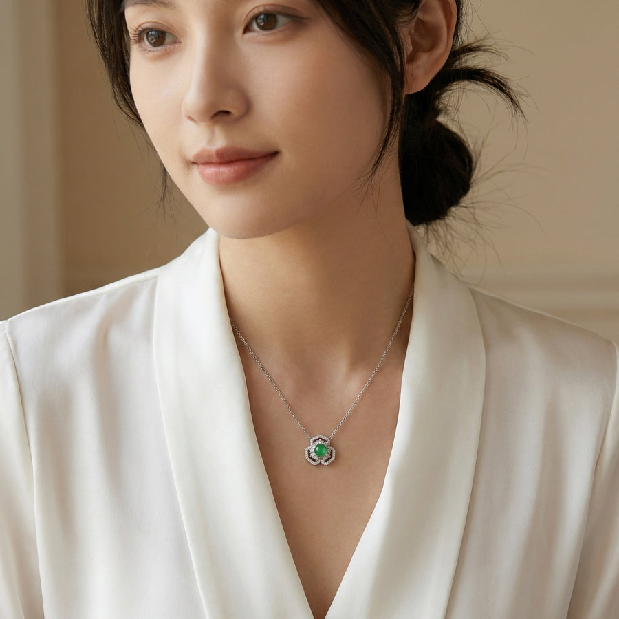 Green Jadeite Floral Halo Necklace – jade necklace, side detail