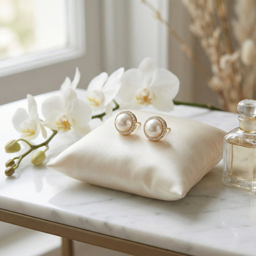 Pearl Halo Stud Earrings – pearl earrings, close-up