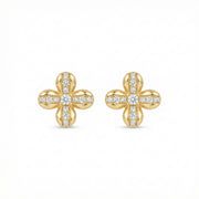 Four-Petal Floral Sparkling stone Studs – sterling silver earrings, side detail