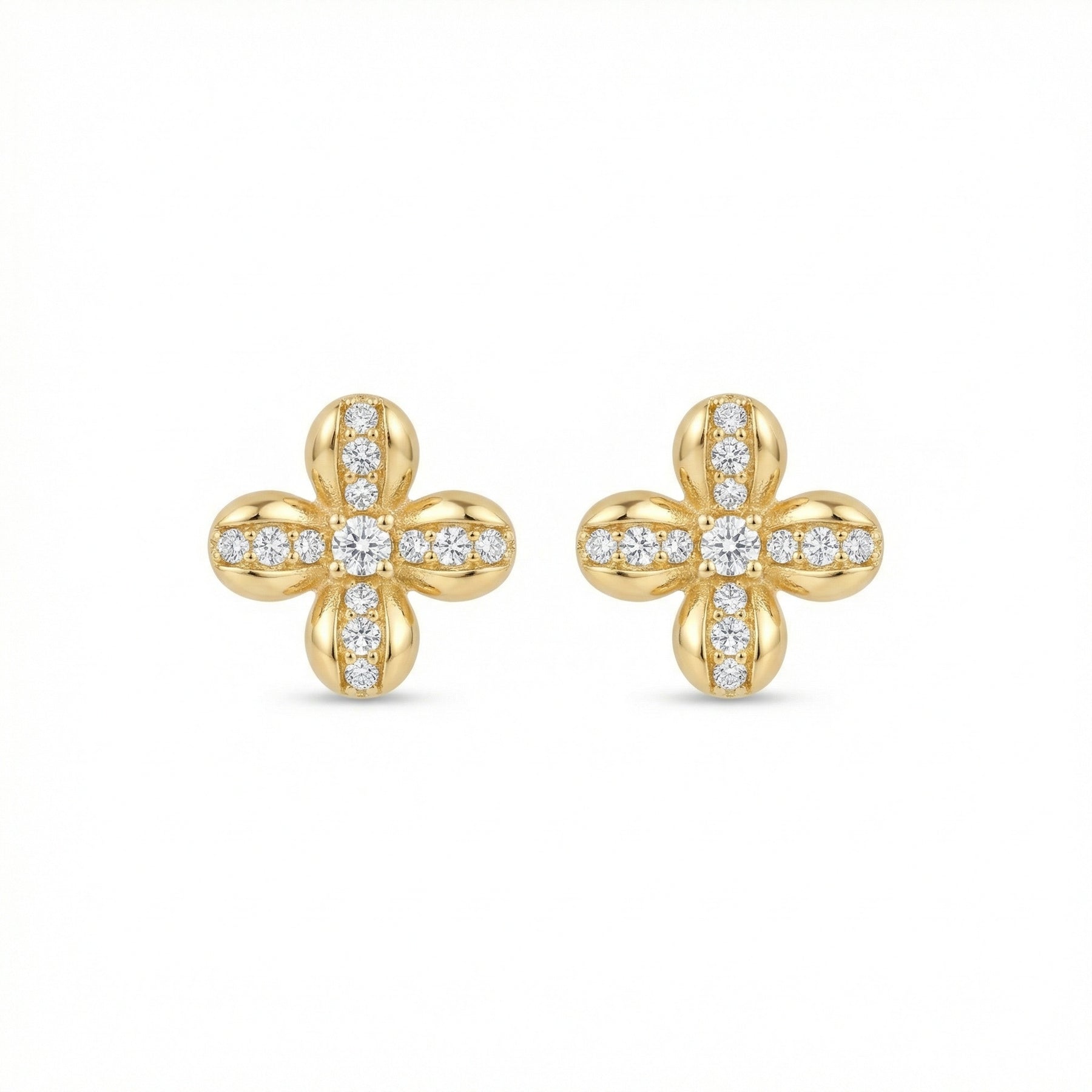 Four-Petal Floral Sparkling stone Studs – sterling silver earrings, side detail