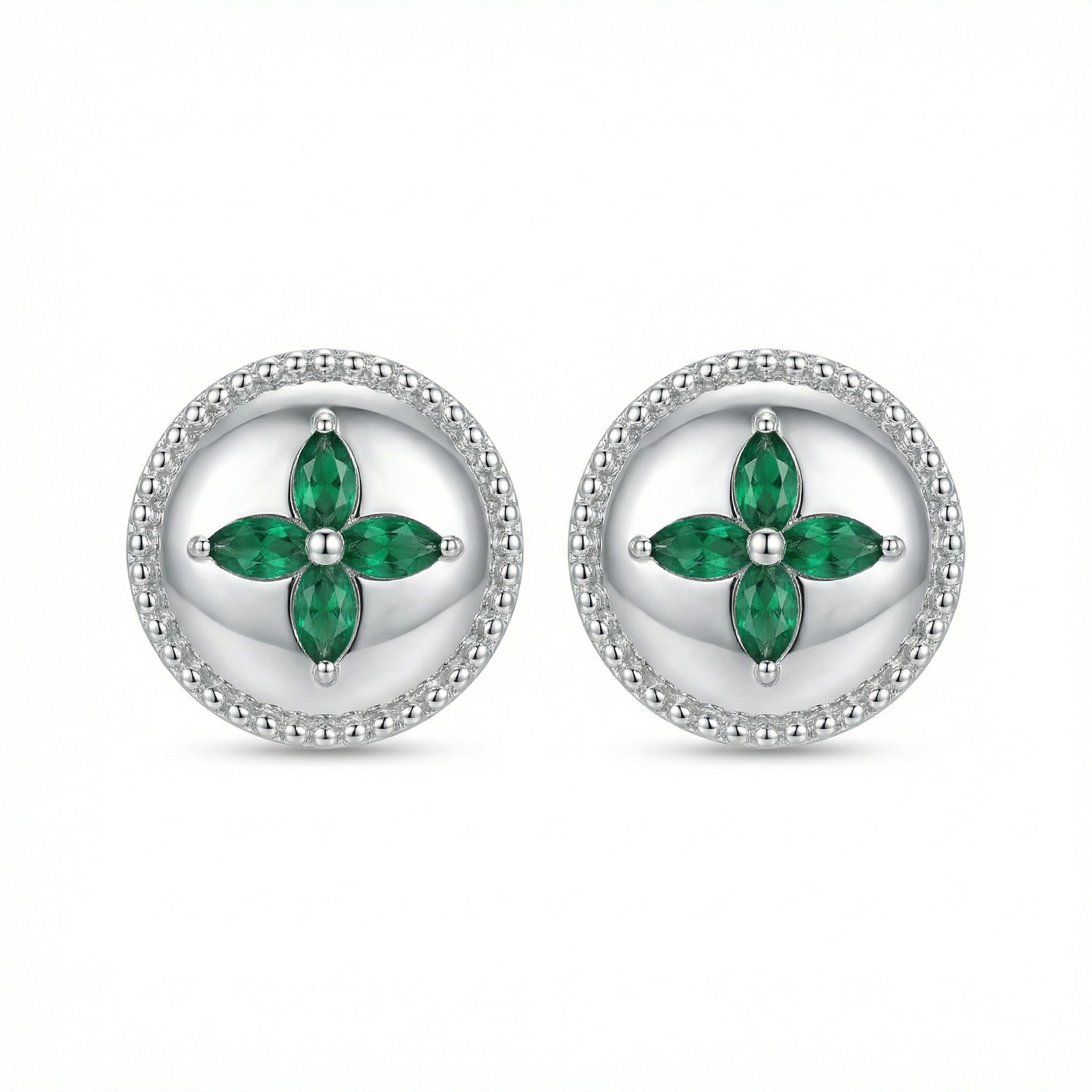 Green Marquise Flower Stud Earrings – sterling silver earrings, front view