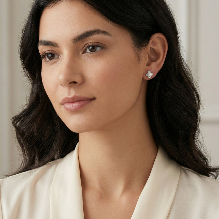 Four-Petal Flower Pearl Studs – pearl earrings, side detail