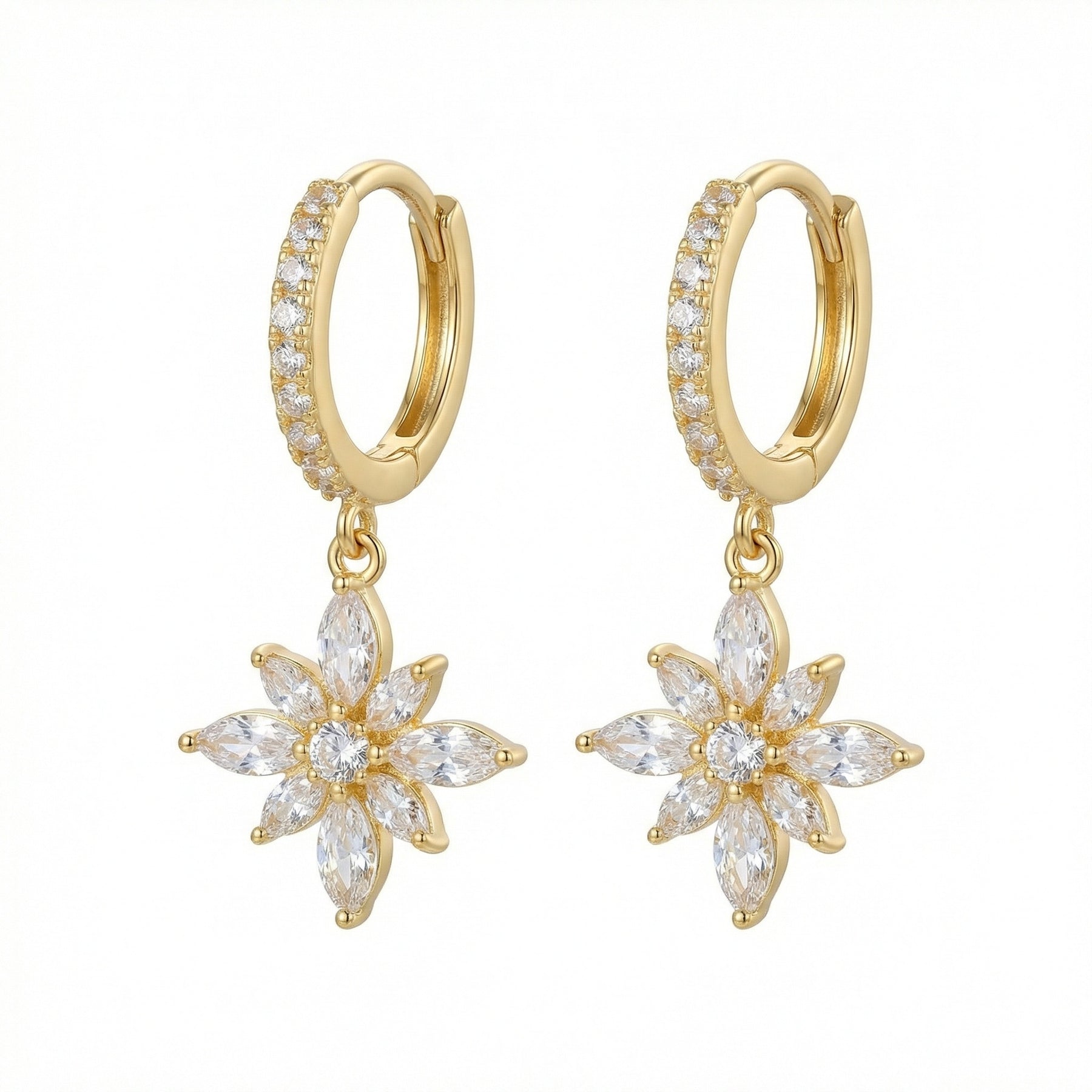 Floral Drop Huggie Hoop Earrings – sterling silver earrings, front view