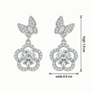 Butterfly and Flower Drop Earrings – sterling silver earrings, close-up
