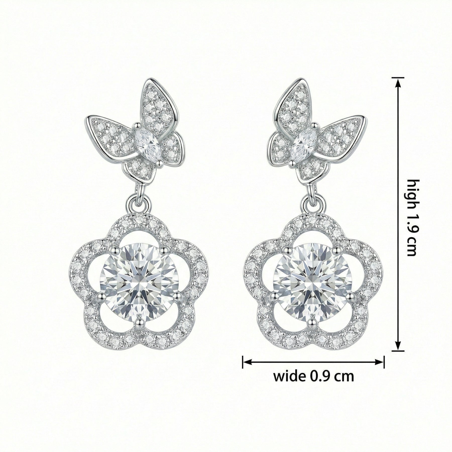 Butterfly and Flower Drop Earrings – sterling silver earrings, close-up