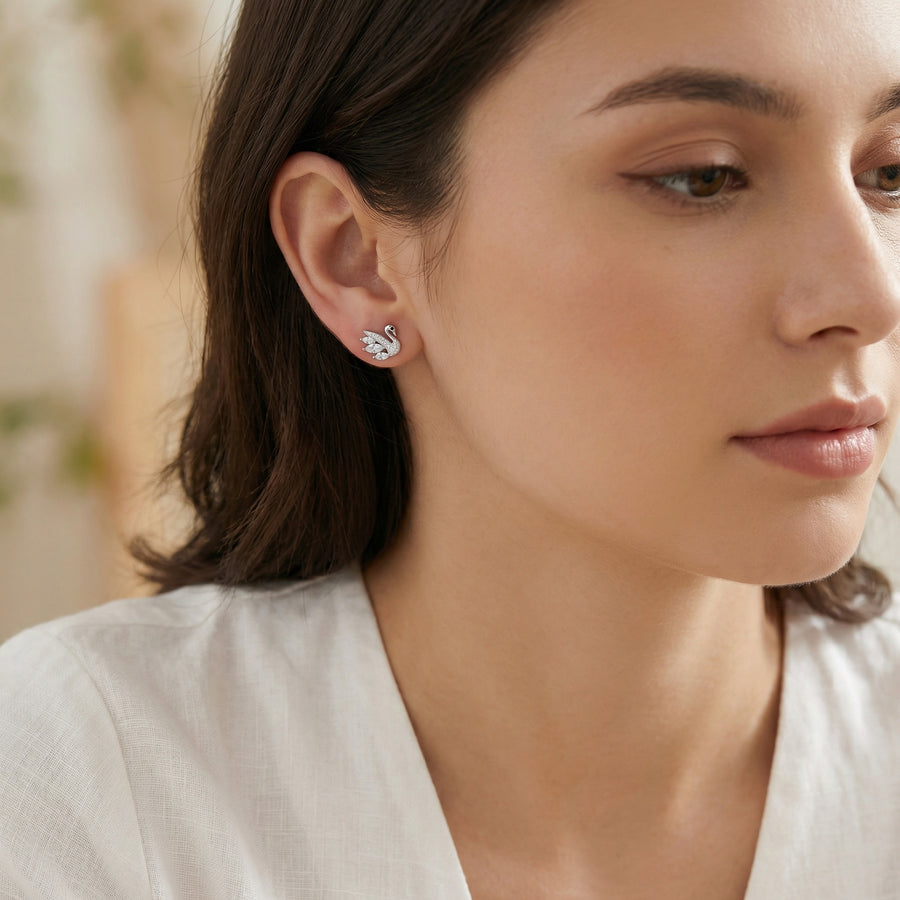 Silver Swan Marquise Stud Earrings – sterling silver earrings, close-up