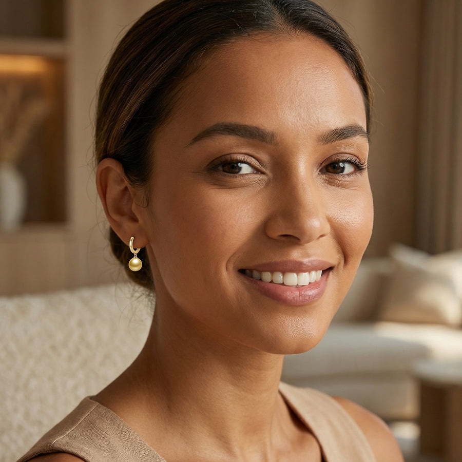 Honey-Toned Pearl Drop Huggie Earrings – pearl earrings, close-up