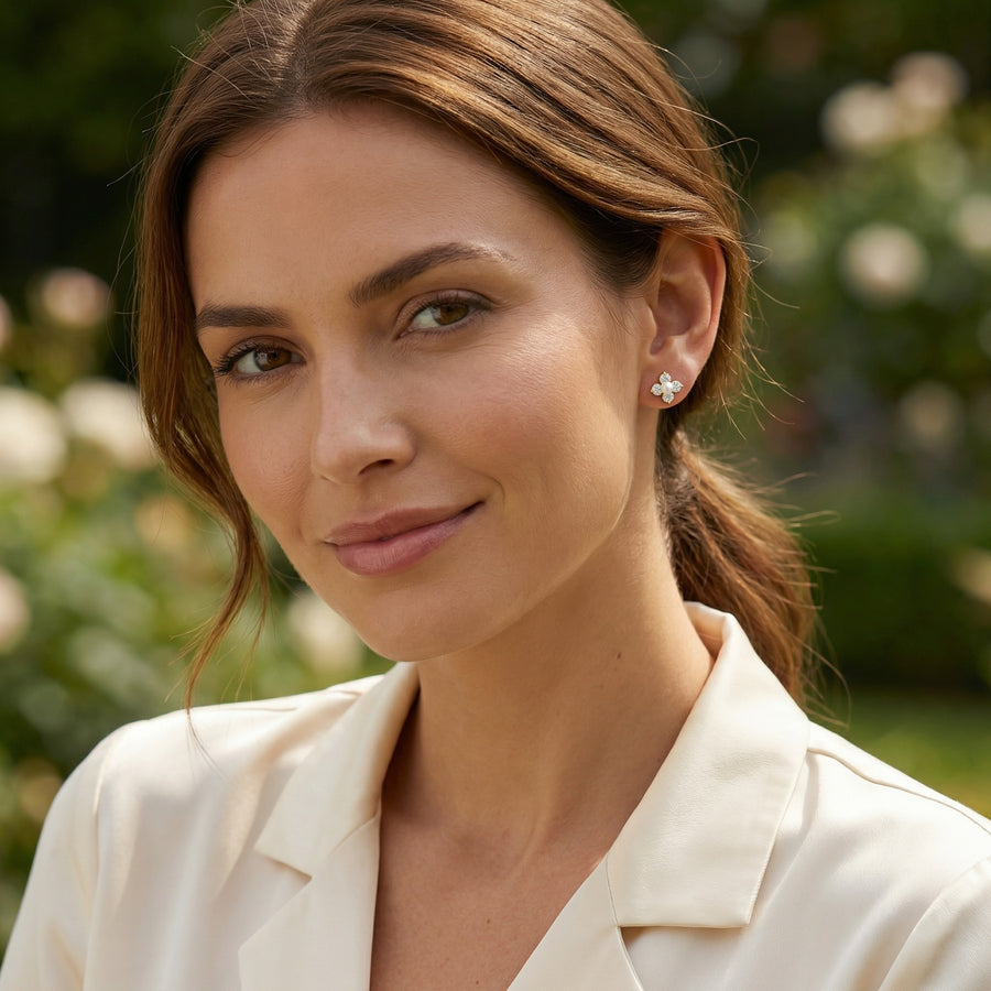 Pearl Floral Clover Stud Earrings – pearl earrings, side detail