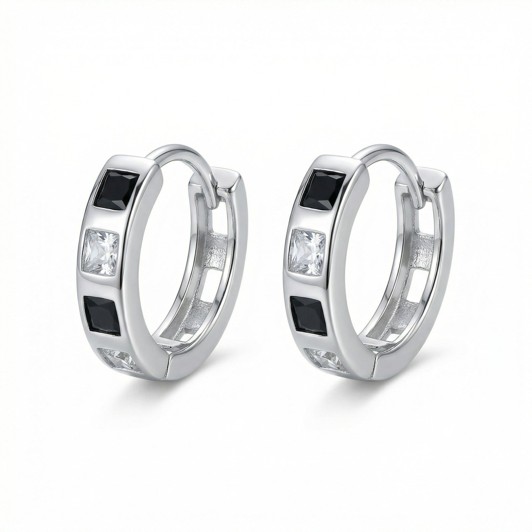 Black and Clear Square CZ Huggie Hoops – zircon earrings