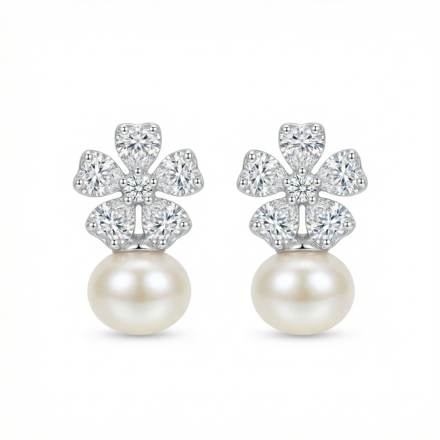 Flower Studs with Heart-Shaped Petals – pearl earrings, side detail