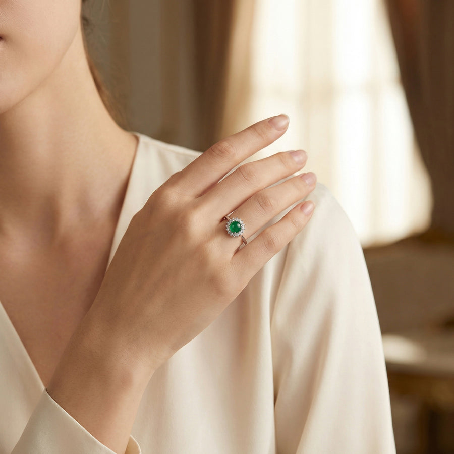 Round Green Jade Halo Ring – jade ring, front view
