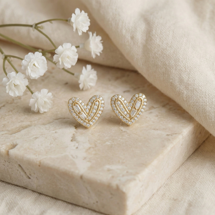 Sparkling stone Heart Studs, Baguette Accents – sterling silver earrings, side detail