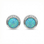 Blue-Green Opal Crescent Halo Studs – opal earrings, close-up