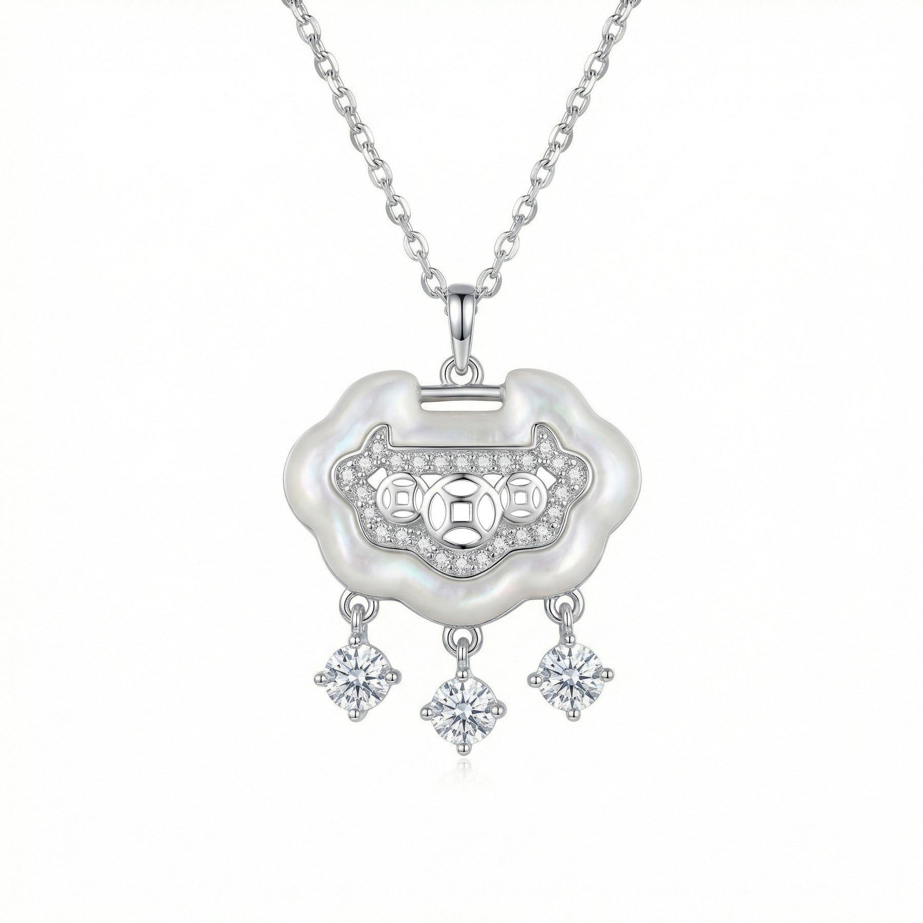 Ruyi Longevity Lock Pendant Necklace – mother-of-pearl necklace, front view