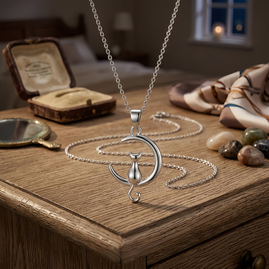 Cat on Crescent Moon Pendant Necklace – sterling silver necklace