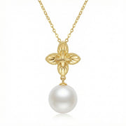 Floral Motif Pearl Drop Necklace – pearl necklace, front view